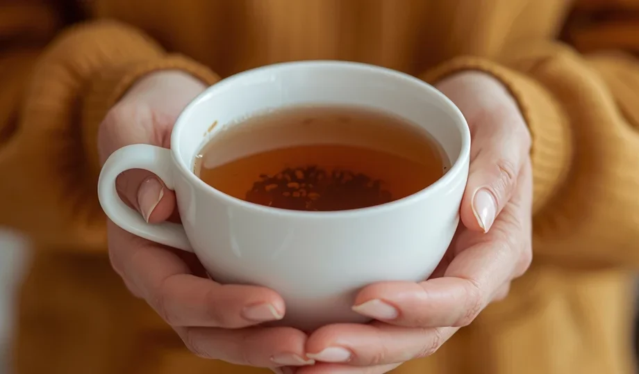 person holding a warm cup of herbal tea representing daily wellness ritual and mindful living