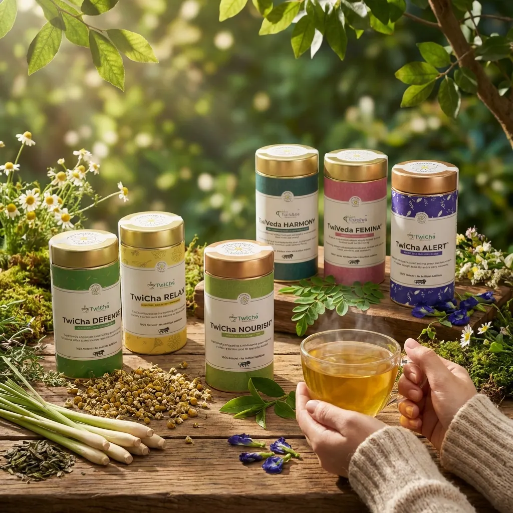 natural botanical ingredients and herbal blends used in wellness drinks with tea preparation