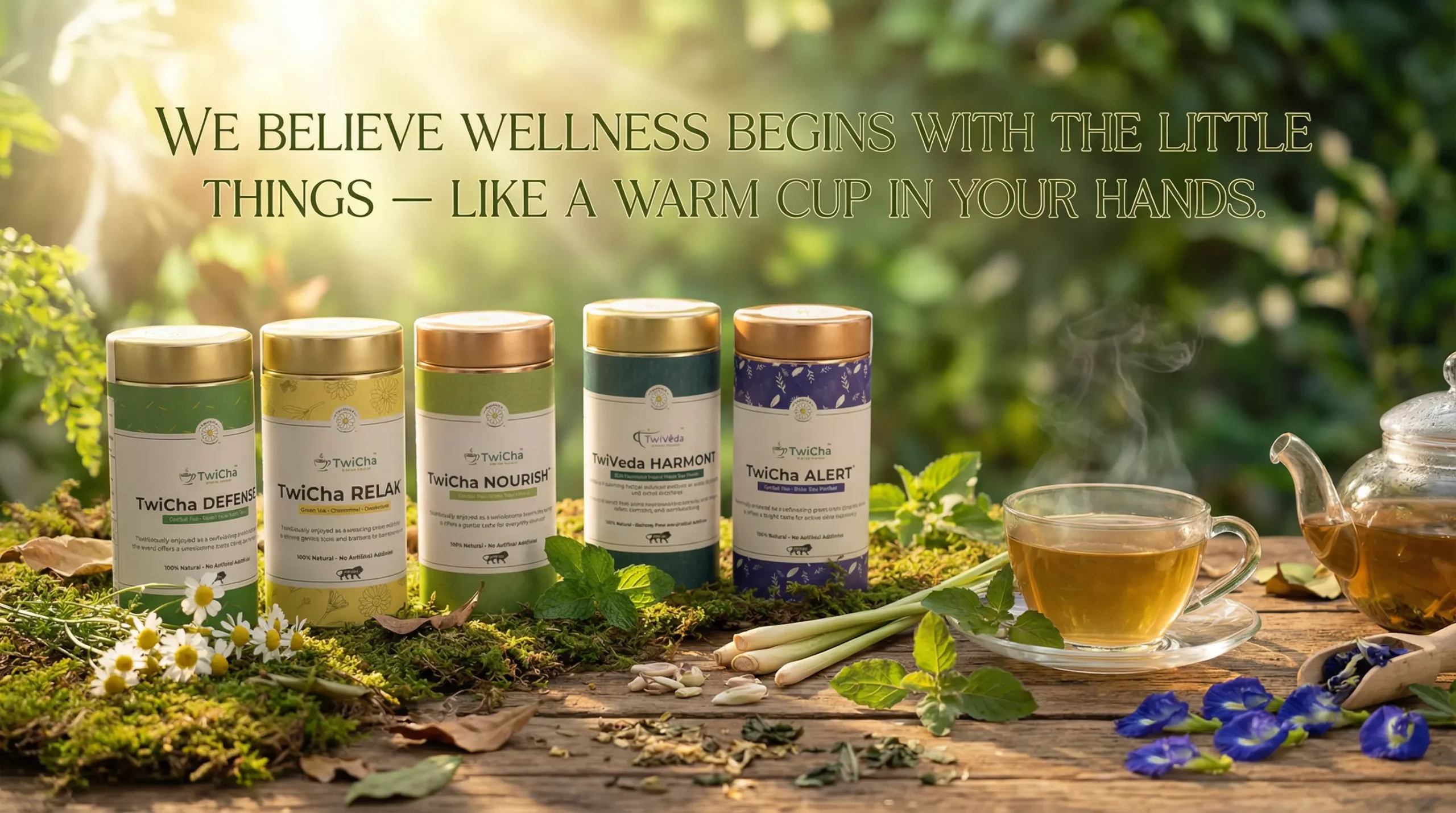 botanical wellness drinks with herbal ingredients and warm tea ritual in a natural setting