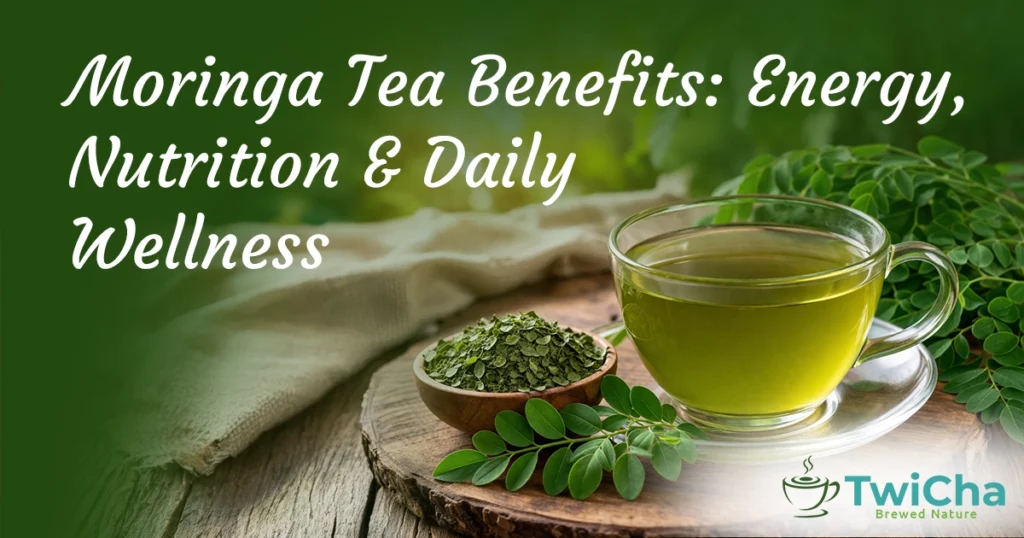 moringa tea in glass cup with fresh leaves showing natural energy herbal drink