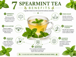 Infographic showing seven major spearmint tea benefits including hormonal balance digestion antioxidant support and wellness