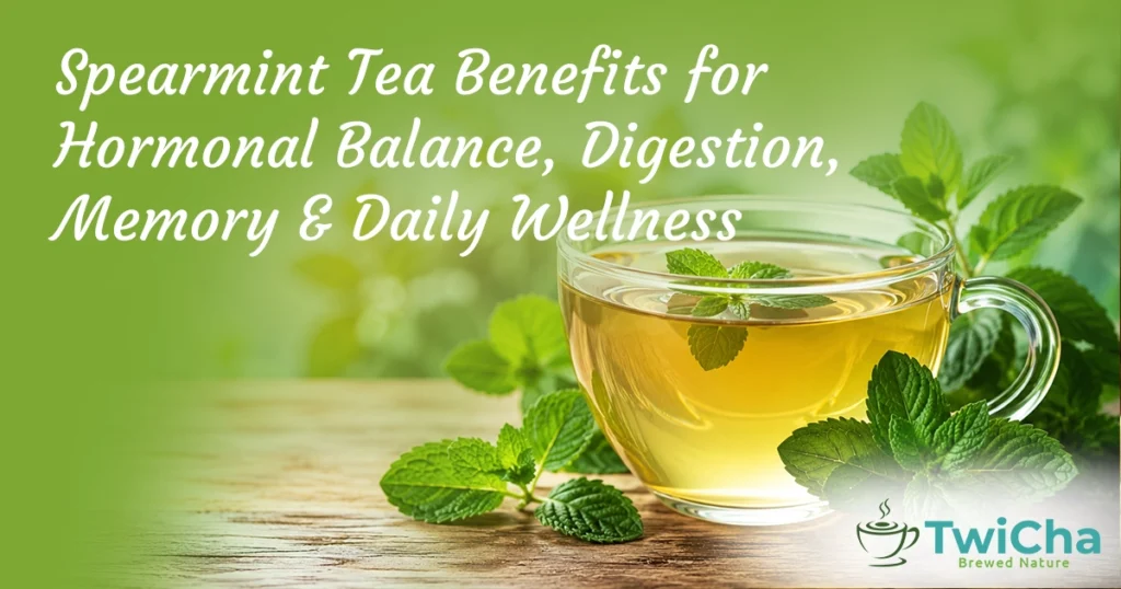 Freshly brewed spearmint tea with mint leaves for hormonal balance digestive comfort and daily wellness
