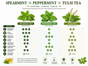 Comparison infographic showing differences between spearmint peppermint and tulsi tea for hormones digestion stress relief and daily wellness
