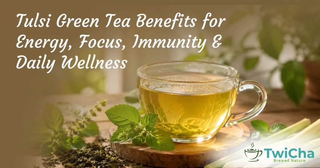 Freshly brewed tulsi green tea with holy basil leaves, green tea leaves and lemongrass for energy, focus, immunity and daily wellness