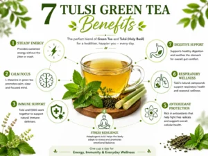 Infographic showing 7 tulsi green tea benefits including steady energy, calm focus, immune support, stress resilience, antioxidant protection, respiratory wellness and digestive support