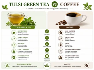Side-by-side infographic comparing tulsi green tea and coffee for caffeine content, energy levels, focus, immune support, jitters and anxiety risk 