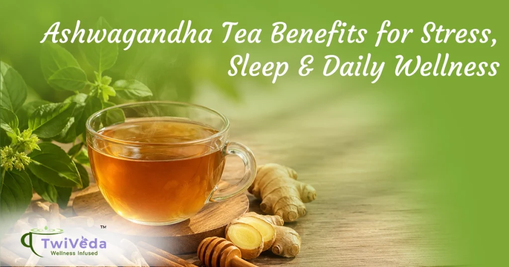 Steaming cup of ashwagandha herbal tea with fresh ashwagandha roots, cinnamon, ginger, and honey on a wooden table, representing natural stress relief, better sleep, and daily wellness.