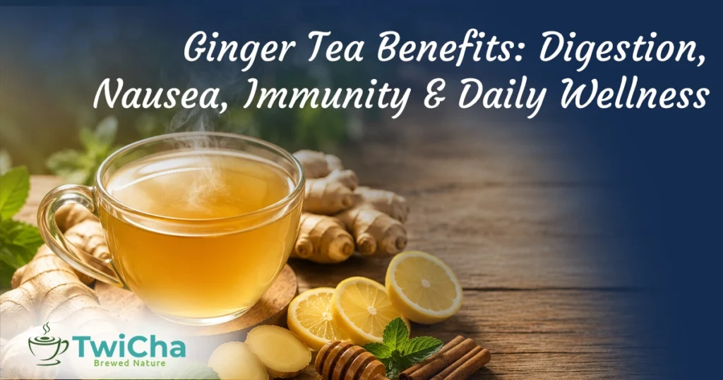 Hot ginger tea with fresh ginger, lemon, honey, mint, and cinnamon highlighting the health benefits for digestion, nausea relief, immunity support, and daily wellness.