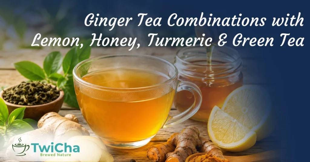 Transparent glass cup of ginger tea with fresh ginger, lemon, honey, green tea leaves, turmeric and black pepper on a rustic wooden table.